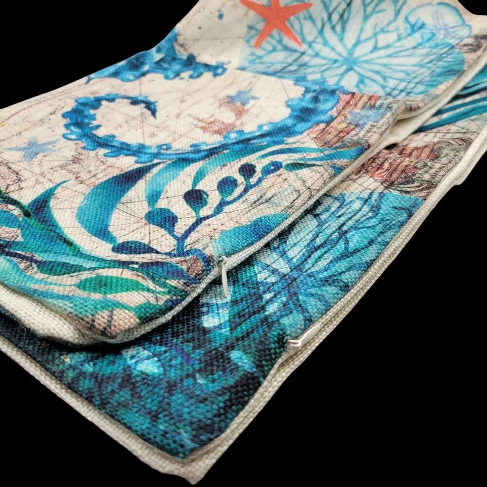 Ocean Theme Sea Turtle Seahorse Woven Decorative Pillow Covers Set of 2